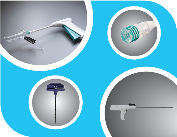 Hero shot Image to display our range of products: Haemoband Ligator, Proctoscope, Powered Surgical stapler and Biopsy needles 